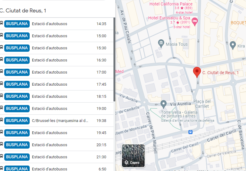 Panell de sortides de Google Maps d’una parada d’autobús de l’empresa Plana on totes les destinacions són "Estació d’autobús"